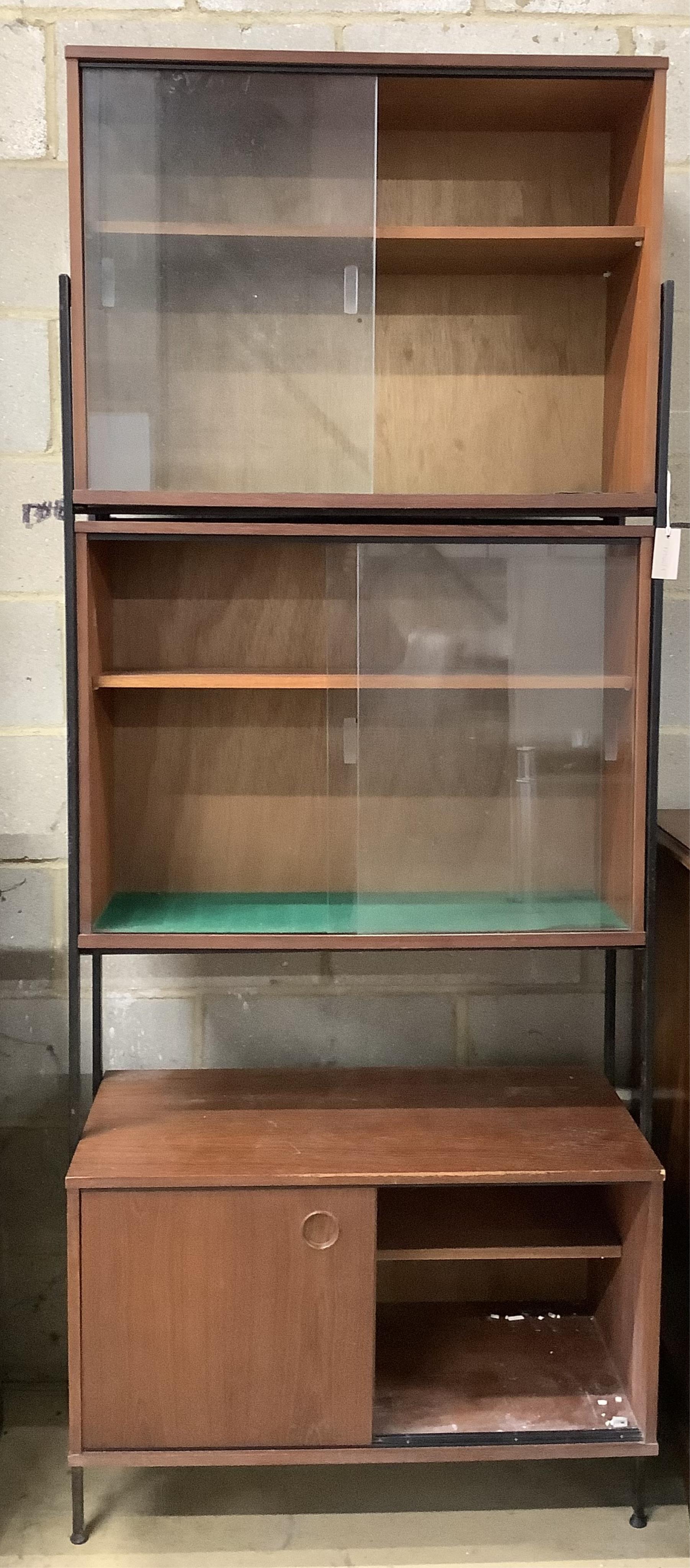 A mid century Ladderax type three section wall unit, width 82cm, height 162cm. Condition - fair